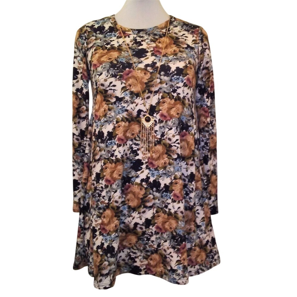 Pinc Womens Floral Long Sleeve Swing Dress Blue Tan Cream A-Line Small